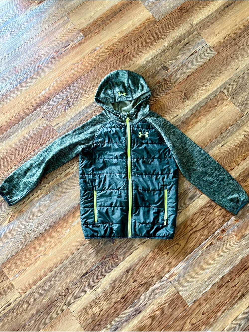 Under Armour Green Hooded Puffer Jacket with Neon Accents